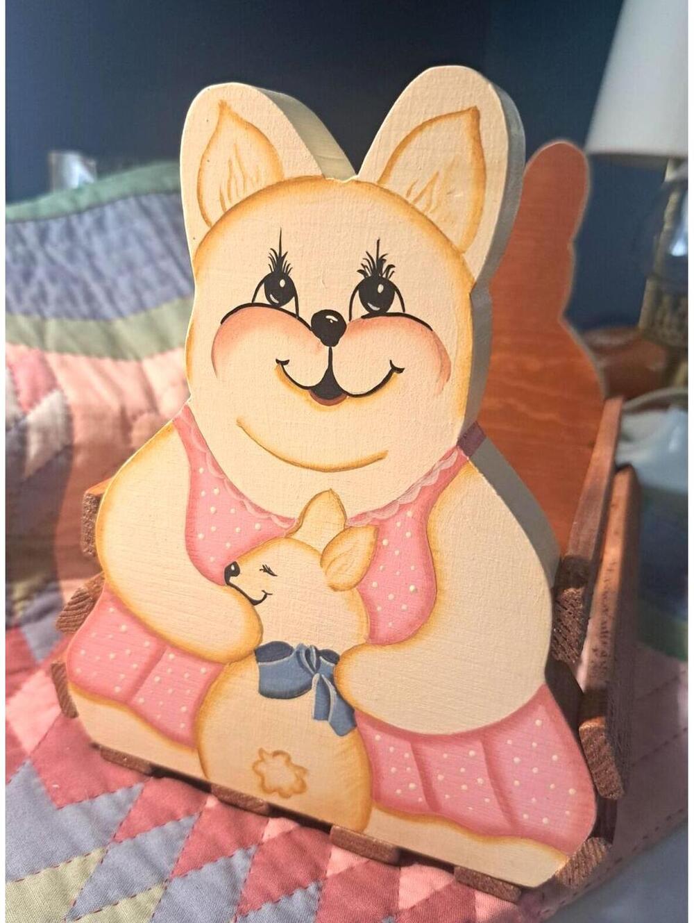 Vintage Hand-painted Mommy and Baby Bunny Decorative Wooden Basket